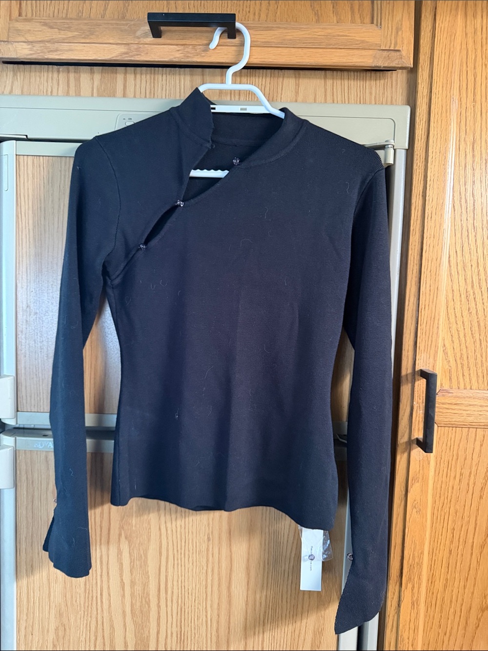 Commense Black Long-Sleeve Asymmetric Button Neck Top